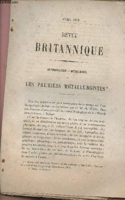 Revue Britannique, avril 1875, 9e srie Tome II - Anthropologie, mtallurgie : Les premiers mtallurgistes