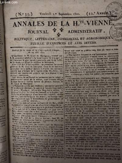 Annales de la H.te Vienne, Journal administratif - N35, vendredi 1er septembre 1820 - 12e anne - Politique, littraire, commercial et agronomique, feuille d'annonces et avis divers : Notice de la sance de la Cour royale de Limoges, du 24 aot 1820