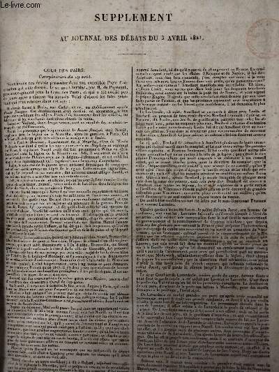 Supplment au Journal des dbats du 3 avril 1821 : Cour des pairs, Conspiration du 19 aot. - Circulaire du ministre de l'intrieur aux vques, Paris, le 6 fv. 1821 - Annonces