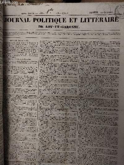 Journal politique et littraire de Lot-et-Garonne - XXVIIe anne - 1831 n2712 - Samedi 22 oct. Chambre des dputs - Addition  la sance du 13 oct. - Sance du 17 oct. - Sance du 18 oct. - Extrieur - Turquie, Constantinople, 10 sept. - Russie