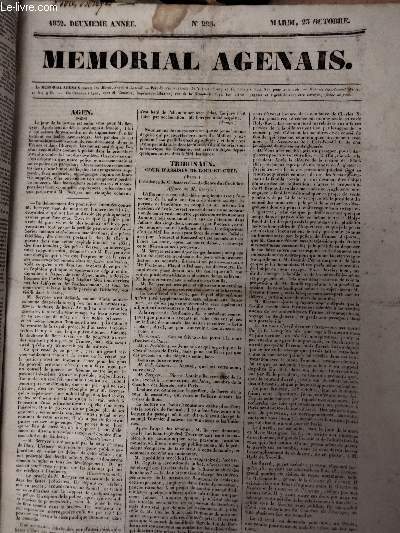 Mmorial Agenais, 2e anne - 1832, n225 - Mardi 23 oct. : Agen - Tribunaux, cour d'assises de Loir-et-Cher, prsidence de M. Bergevin, audience du 16 octobre, affaire de M. Berryer - Correspondance particulire du mmorial agenais, Paris le 20 octobre