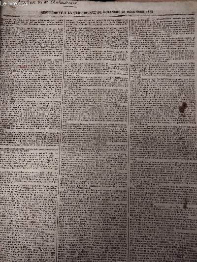 Supplment  La Quotidienne du dimanche 30 dcembre 1832 : Discours prononc par S. Exc. M. le baron Verstolk de Soelen, ministre des affaires trangres dans la sance des deux chambres des Etats-Gnraux le 18 dc. - Cours des effets publics du 29 dc.