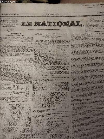 Le National - 4e anne, n9, mercredi 9 janv. 1833 : Extrieur : Angleterre, Londres 5 janvier - Allemagne, Fribourg, 2 janvier - Suisse, Genve, 30 dcembre - Hollande, La Haye, 5 janv. - Belgique, Anvers 5 janv. - Intrieur, Paris, 8 janvier - Du projet