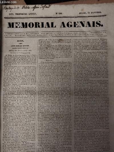 Mmorial Agenais, 3e anne - 1833, n266 - Jeudi 31 janvier : Agen - Cour royale d'Agen, chambre correctionnelle, audiences des 16 et 17 janvier 1833 - Thtre de Villeneuve - Paris, le 26 et 27 janvier 1833 - Rgence d'Alger -Correspondance particulire