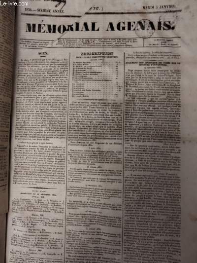 Mmorial Agenais, 6e anne - 1836, n717 - Mardi 5 janvier : Agen - Souscription pour l'cole chrtienne gratuite - Jugement des journaux de Paris sur le discours d'ouverture - Revue ncrologique - Dots et apanages des enfans de la maison d'Orlans