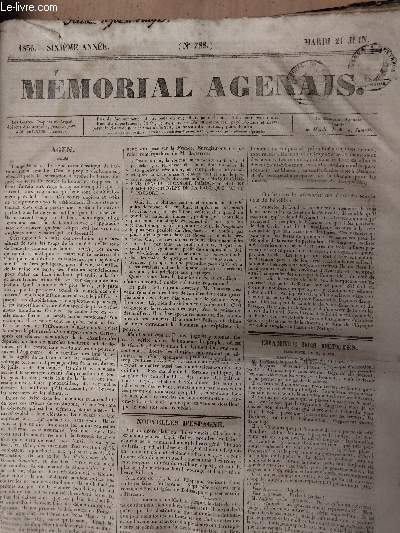 Mmorial Agenais, 6e anne - 1836, n788 - Mardi 21 juin - Agen - Nouvelles d'Espagne - Chambre des dputs, prsidence de M. Dupin, addition  la sance du 14 juin - Sance du 15 juin - Supplment au n788 - Sance du 16 juin - Paris, 16 et 17 juin