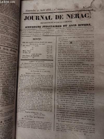 Journal de Nrac, dpartement de Lot-et-Garonne, 2e anne - N48 - Dimanche 21 aot 1836 : Annonces judiciaires et avis divers - Nrac - Cabinet de lecture - M. de Poul aux Mezinois - Publications lgales - A vendre