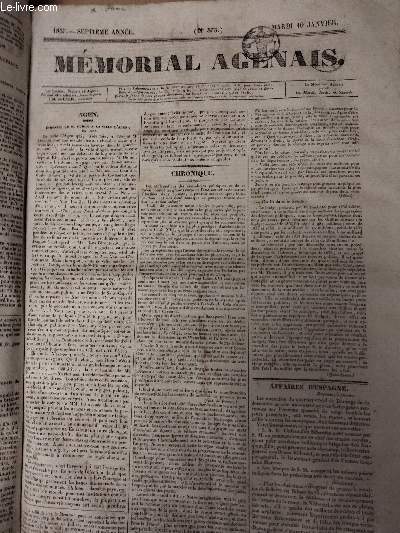 Mmorial Agenais, 7e anne - 1837, n875 - Mardi 10 janvier : Agen - Etrennes de M. Dumon la ville d'Agen en 1837 - Chronique - Affaires d'Espagne - Paris, 5 et 6 janvier - Nouvelles rigueurs du parquet pour faire pendant aux rigueurs de la saison