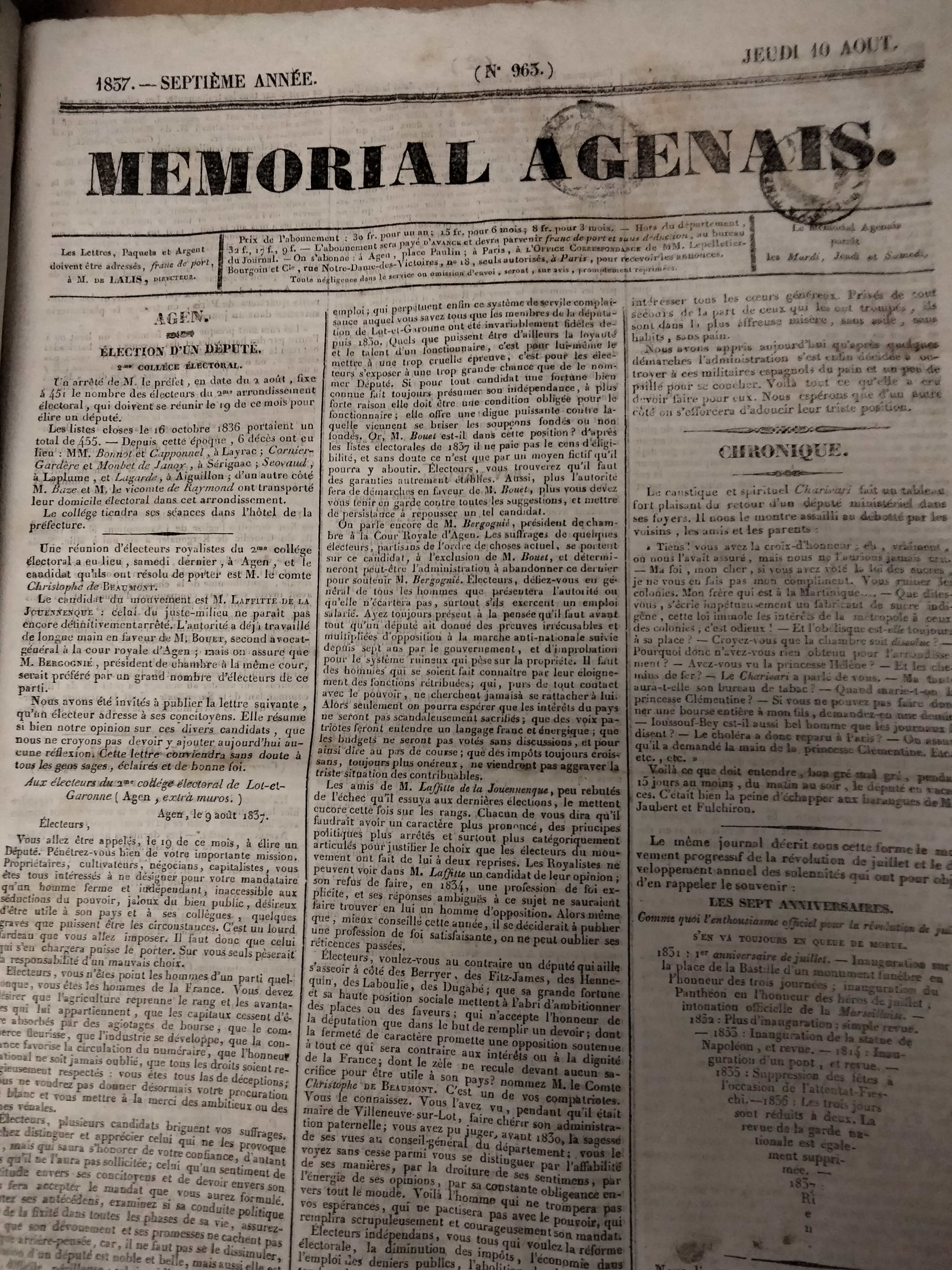 Mmorial Agenais, 7e anne - 1837, n963 - Jeudi 10 aot - Agen - Slection des dputs - Chronique - Bon voyage ! - Paris, 5 et 6 aot - Paris, 7 aot 1837 (correspondance particulire du mmorial agenais, nouvelle de Palerme - Nouvelles diverses