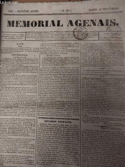 Mmorial Agenais, 7e anne - 1837, n977 - Mardi 12 septembre : Agen - Avis lectoral - Affaires d'Espagne - Le gnral Saarfield - Rflexions du Morning Chronicle sur la situation actuelle de la Reine d'Espagne