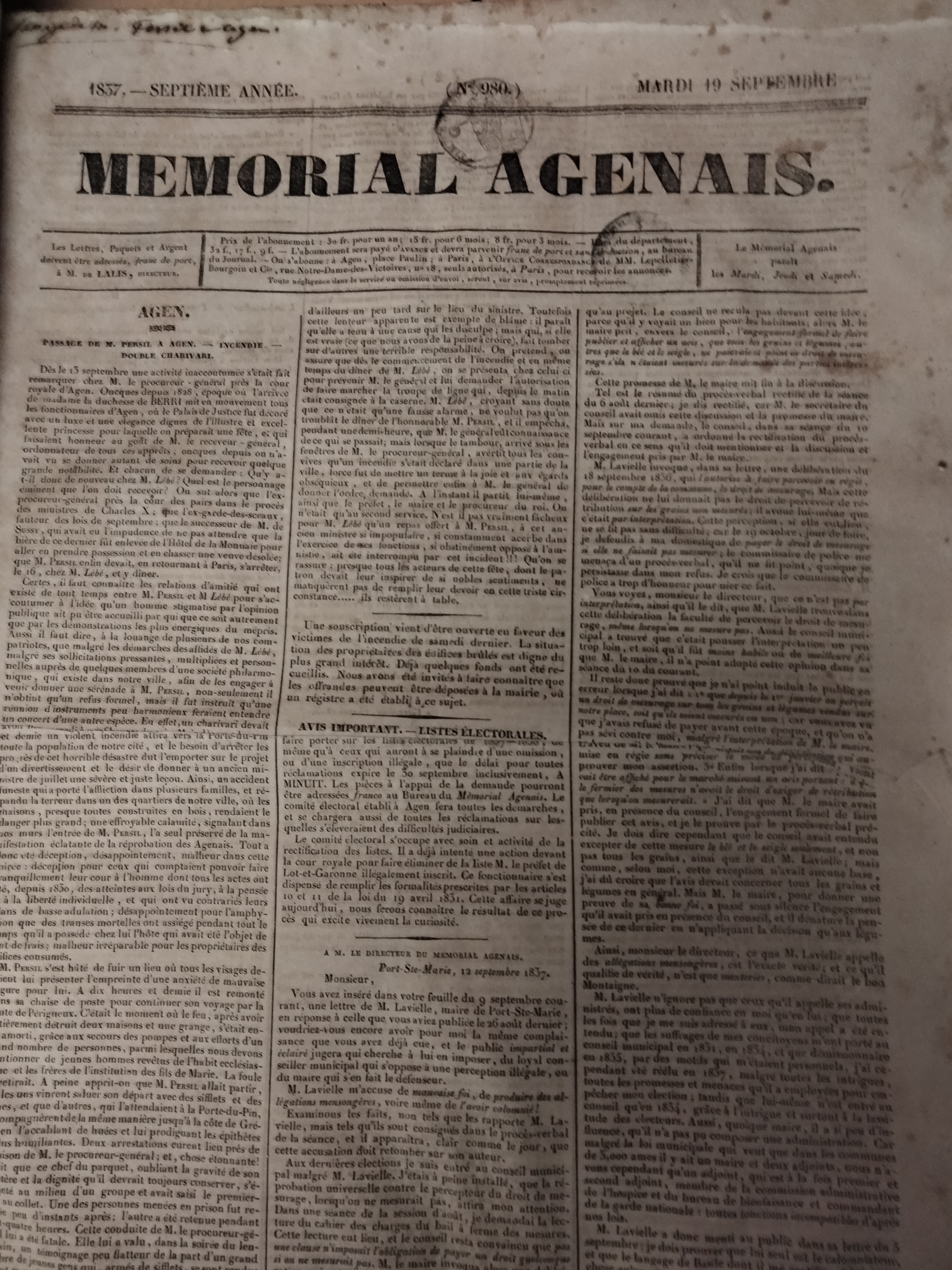 Mmorial Agenais, 7e anne - 1837, n980 - Mardi 19 septembre - Agen - Passage de M. Persil  Agen, incendie, double charivari - Avis important, liste lectorales - Chronique, rponse du gnral Donnadieu aux journaux de la rvolution - Affaires d'Espagne