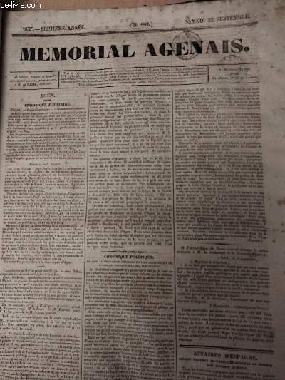 Mmorial Agenais, 7e anne - 1837, n982 - Samedi 23 septembre - Agen - Chronique judiciaire - Chronique politique - Horrible sacrilge ! - Affaires d'Espagne, dcret barbare du capitaine-gnral de Madrid Don Antonio Quiroga - Nouvelles de Madrid