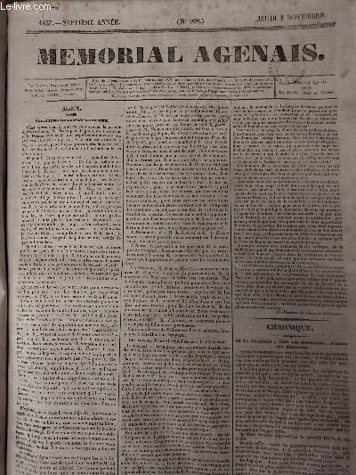 Mmorial Agenais, 7e anne - 1837, n999 - Jeudi 2 novembre : Agen -Electios de Lot-et-Garonne - Chronique, De la ncessit, pour les royalistes, d'aller aux lections - Le dput fonctionnaire aux lecteurs - Paris, 29 et 30 octobre - Cour d'assises de