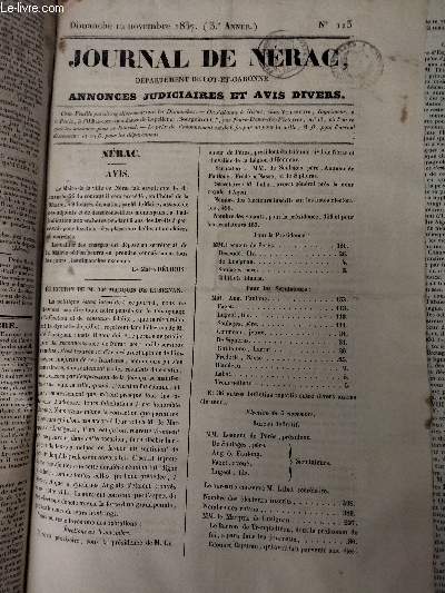 Journal de Nrac, dpartement de Lot-et-Garonne, 3e anne - N113 - Dimanche 12 novembre 1837 : Annonces judiciaires et avis divers - Nrac - Avis - Election de M. le marquis de Lusignan - L'Eglise des Capucins, suite et fin - Annonces judiciaires