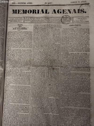 Mmorial Agenais, 8e anne - 1838, n1069 - Samedi 14 avril - Agen, sur le dernier ouvrage de M. de la Mennais (suite) - Chronique - Reconstruction des doctrines monarchiques - Lettres de noblesses - D'un nouvel emprunt en faveur de la rvolution espagnol