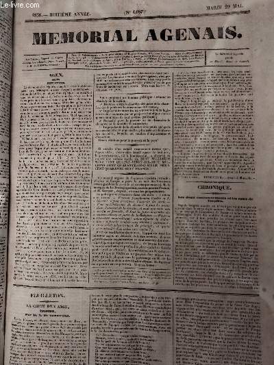 Mmorial Agenais, 8e anne - 1838, n1087 - Mardi 29 mai - Agen - Situation - Chronique, les deux couronnements et les eaux de Toeplitz - Feuilleton, la chute d'un ange, pisode par M. A. de Lamartine - M. de Talleyrand - M. de Talleyrand jug par la Pres
