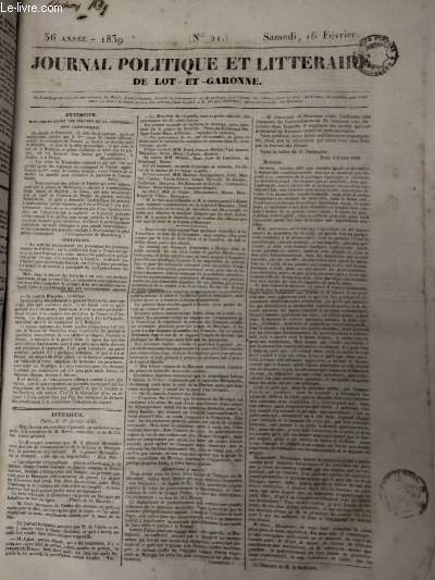 Journal politique et littraire de Lot-et-Garonne, 36e anne, 1839 - N21 - Samedi 16 fvrier : Extrieur, Mouvements parmis les troupes de la confdration germanique - Angleterre - Intrieur, Paris le 12 fvrier 1839 - Dpartement de Lot-et-Garonne
