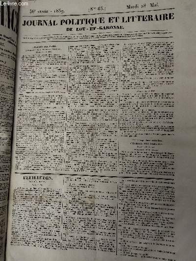 Journal politique et littraire de Lot-et-Garonne, 36e anne, 1839 - N63 - Mardi 28 mai : Chambre des pairs, prsidence de M. le baron Pasquier, sance du 23 mai - Chambre des dputs, sance du 25 mai, prsidence de M. Sauzet - Feuilleton, le chne