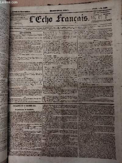 L'Echo Franais, 14e anne n349 - Jeudi 15 dcembre 1842 - Intrieur - Feuilleton du 15 dcembre 1842, La princesse de Lamballe - Vritable origine des salles d'asile - Nouvelles diverses - Moniteur - La caule potique - Plumes d'acier de Bookmann - Cray