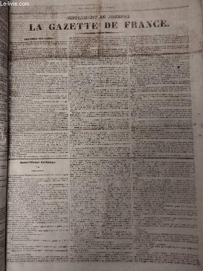Supplment  Journal La Gazette de France, Lundi 8 mai1843 : Chambre des pairs - Saint-Michel Archange, VIII complications - IX, le jeune homme et le vieillard - X, le portrait de la Madone - De la loi sur la rforme des prisons - Cours de M. Arago  l'Ob