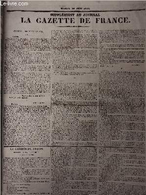 Supplment au Journal La Gazette de France, Mardi 20 juin 1843 : Adhsion, mouvement national - Le chemin du trne, 2e partie, chapitres III et IV - Cambrai - Prigueux - Budget des dpenses de 1844