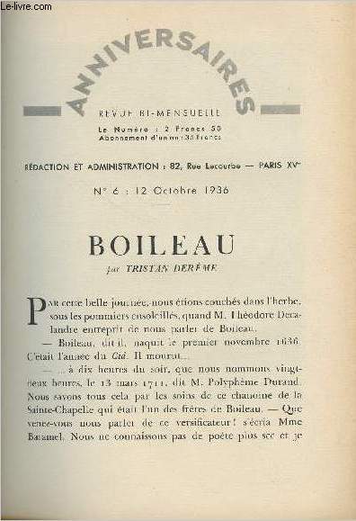 Boileau - Anniversaire, revue bi-mensuel, n6 12 Octobre 1936
