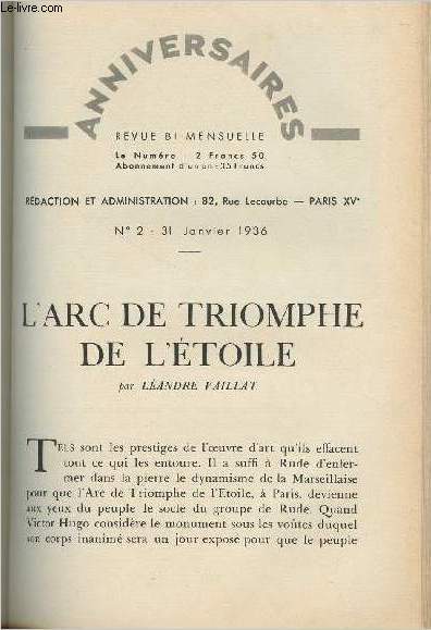 L'arc de triomphe de l'toile - Anniversaire, revue bi-mensuel, n2 31 janvier 1936