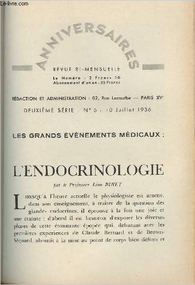 Les grands vnement mdicaux : l'endocrinologie - Anniversaire, revue bi-mensuel, 2e srie n5 10 juillet 1936