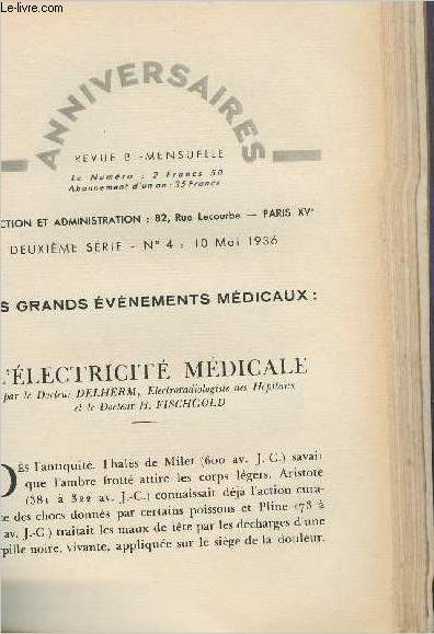Les grands vnement mdicaux : l'lectricit mdicale - Anniversaire, revue bi-mensuel, 2e srie n4 10 mai 1936