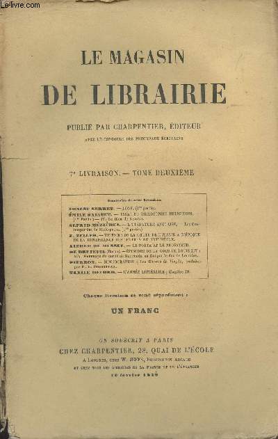 Le Magasin de Librairie - Tome deuxime, 7e livraison - 10 fvrier 1859 - Ernest Serret : Lon (1re partie) - Emile Saisset : Essai de philosophie religieuse (1re partie) - IV. Le dieu de Newton - Afred Mzires : Littrature anglais, Les contemporains de