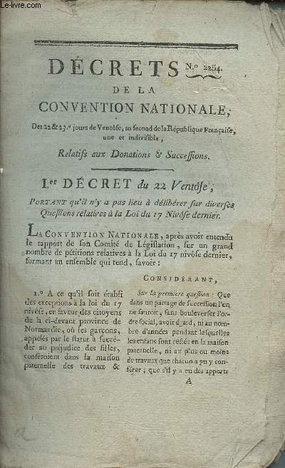 Dcrets de la convention nationale - N2254 - Des 22 & 23 jours de Ventse, an second de la Rpublique franaise, une et indivisible, relatifs aux donatins & successions