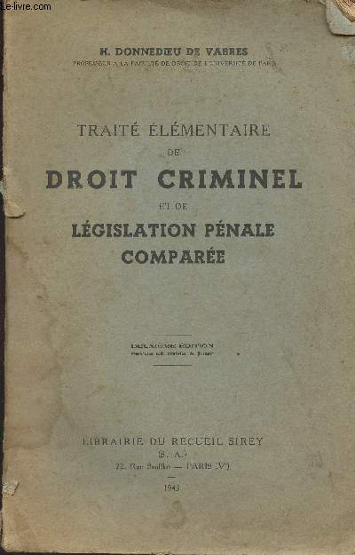 Trait lmentaire de droit criminel et de lgislation pnale compare - 2e dition