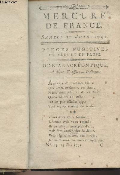 Mercure de France - Samedi 11 juin 1791 - Pices fugitives en vers et en prose