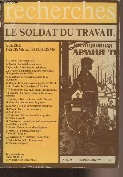 Recherhces n32/33 Septembre 1978 - Le soldat du travail - Guerre, fascisme et taylorisme