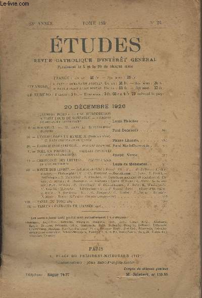 Etudes revue catholique d'intrt gnral - 63e anne Tome 188 n24 -