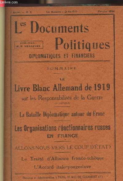 Les Documents Politiques, Diplomatiques et Financiers, Revue mensuelle d'informations et de documentation internationales - 5e anne, n5 Fv. 1924 - Les docs. secrets de la confrence de la Paix : Le livre blanc allemand de 1919 sur les responsabilits