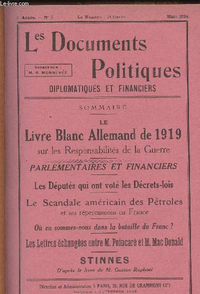 Les Documents Politiques, Diplomatiques et Financiers, Revue mensuelle d'informations et de documentation internationales - 5e anne, n3 Mars 1924 - Les docs. secrets de la confrence de la Paix : Le livre blanc allemand de 1919 sur les responsabilits