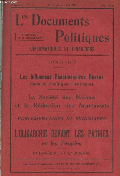 Les Documents Politiques, Diplomatiques et Financiers, Revue mensuelle d'informations et de documentation internationales - 4e anne, n8 Aot 1923 - La France et la raction mondiale : Les influences ractionnaires russes dans la politique franaise - La