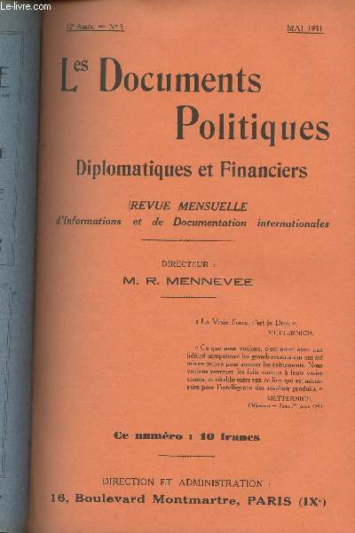 Les Documents Politiques, Diplomatiques et Financiers, Revue mensuelle d'informations et de documentation internationales - 12e anne, n5 Mai 1931 - L'lection prsidentelle - Annexes : I. Les antcdents de M. Doumer - II. Le rle de MM. Herriot et Dala