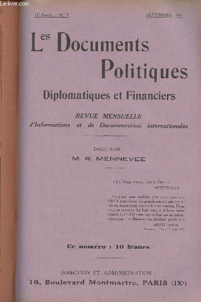 Les Documents Politiques, Diplomatiques et Financiers, Revue mensuelle d'informations et de documentation internationales - 12e anne, n9 Sept. 1931 - La XIIe assemble de la SDN - L'Anschluss - Le discours et la proposition de M. Grandi - Les discours d