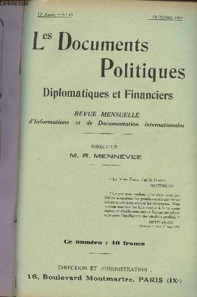 Les Documents Politiques, Diplomatiques et Financiers, Revue mensuelle d'informations et de documentation internationales - 12e anne, n10 Oct. 1931 - Le projet de 