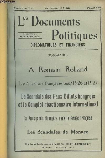 Les Documents Politiques, Diplomatiques et Financiers, Revue mensuelle d'informations et de documentation internationales - 7e anne, n2 Fv. 1926 - En hommage, A Romain Rolland ! - La raction mondiale : Le complot ractionnaire international et l'irrd