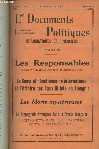 Les Documents Politiques, Diplomatiques et Financiers, Revue mensuelle d'informations et de documentation internationales - 7e anne, n3 Mars 1926 - Origines & responsabilits de la guerre : Les responsables, Manuscrit de M. Joseph Caillaux sur les respo