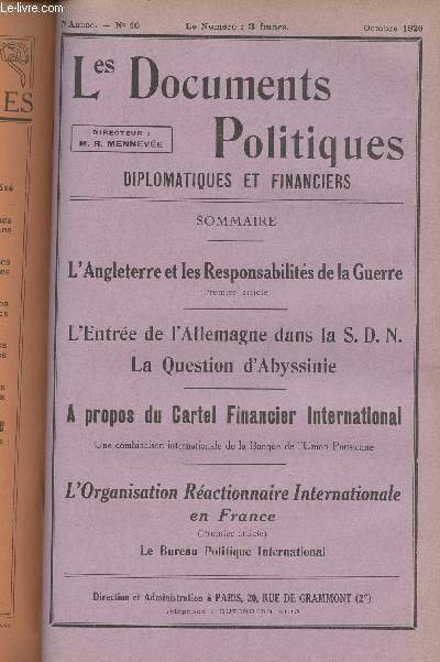 Les Documents Politiques, Diplomatiques et Financiers, Revue mensuelle d'informations et de documentation internationales - 7e anne, n10 Oct. 1926 - L'Angleterre et les responsabilits de la guerre - La 7e assemble de la SDN - Annexes : I. L'entre de