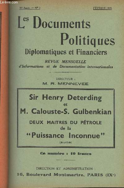 Les Documents Politiques, Diplomatiques et Financiers, Revue mensuelle d'informations et de documentation internationales - 16e anne, n2 Fv. 1935 - A propos de la commission parlementaire d'Enqute sur l'affaire Stavisky - Sir Henry Deterding et M. Ca