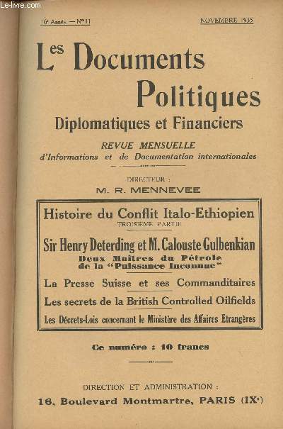 Les Documents Politiques, Diplomatiques et Financiers, Revue mensuelle d'informations et de documentation internationales - 16e anne, n11 Nov. 1935 - 