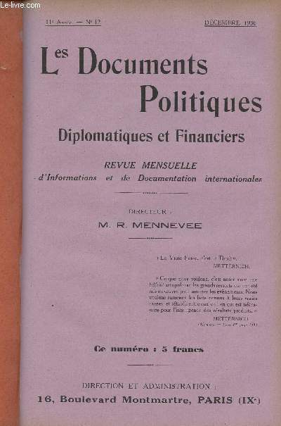 Les Documents Politiques, Diplomatiques et Financiers, Revue mensuelle d'informations et de documentation internationales - 11e anne, n12 Dc. 1930 - La crise ministrielle et le ministre Steeg - La conjuration de l'Elyse - II. Le ministre Steeg - Le