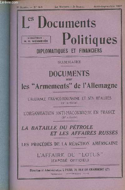 Les Documents Politiques, Diplomatiques et Financiers, Revue mensuelle d'informations et de documentation internationales - 8e anne, n8-9 Aot Sept. 1927 -