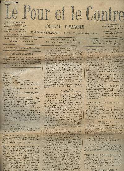 Le Pour et le Contre, journal financier - 48e anne, n15 - Dimanche 12 avril 1931 - Avec supplment - La loi de finances de 1931-32 - Revue de la semaine - Valeurs d'Assurances - Mines d'Or et valeurs Sud-Africaines - A Londres - Les mines de cuivre en