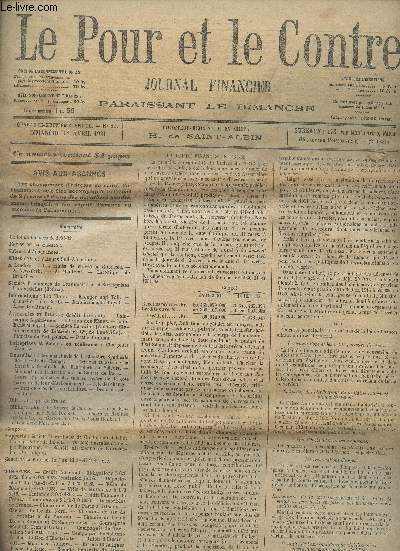 Le Pour et le Contre, journal financier - 48e anne, n15 - Dimanche 12 avril 1931 - Avec supplment - La loi de finances de 1931-32 - Revue de la semaine - Valeurs d'Assurances - Mines d'Or et valeurs Sud-Africaines - A Londres - Les mines de cuivre en